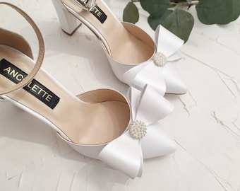 Fairytale wedding shoes - customize, genuine leather, white, bows with rhinestones & pearls button, handcrafted, bridal shoes or ceremony