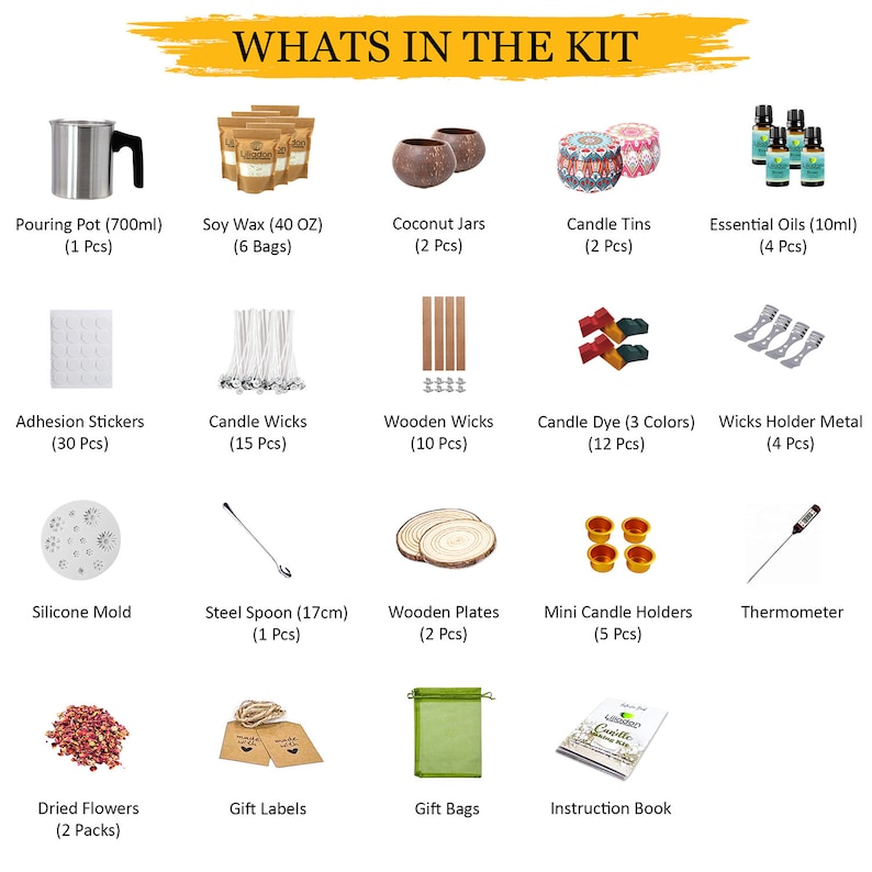 Peut inclure: Kit de fabrication de bougies avec tous les accessoires n&eacute;cessaires pour cr&eacute;er vos propres bougies. Comprend de la cire de soja, des m&egrave;ches, des pots, des bo&icirc;tes, des huiles essentielles, des colorants, et plus encore.