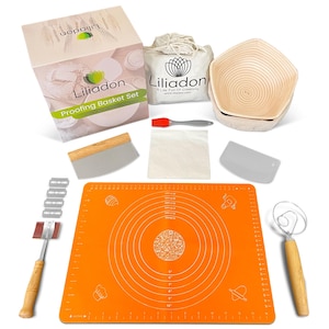 May include: A bread-making kit with an orange silicone mat, a proofing basket, a dough scraper, a whisk, a brush, and a box that reads "Proofing Basket Set". The kit includes a linen bag and a lame with blades.