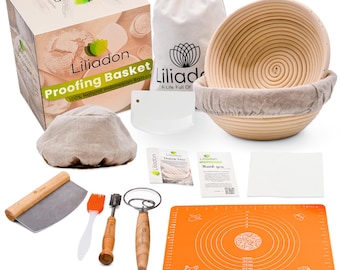 Sourdough Bread Proofing Basket Set of 17 – 2 Round Banneton Baskets with Tools – Great Gift for Bakers & Bread Lovers – Liliadon