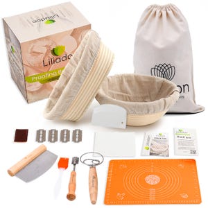 May include: A bread-making kit with a proofing basket, linen liner, dough scraper, and other tools. The kit includes a box with the brand name "Liliado" and the words "Proofing Bread". An orange silicone mat and a canvas bag are also included.