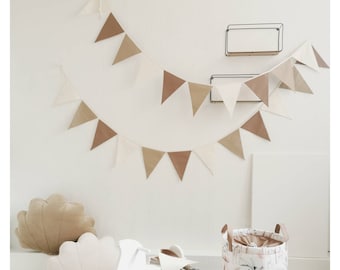 Banderines bohemios beige y marrón para bodas, triángulos de algodón para guardería, guirnaldas decorativas de pared, banderines de tela, cadena de banderines, guardería infantil