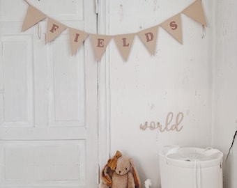 Custom beige bunting banner with letters, Personalized fabric pennant chain, Garland with names, Handmade cotton bunting string with text