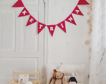 Custom pink bunting banner with word, Personalized pennant chain, Garland with name, Cotton bunting with text, Handmade cotton fabric string