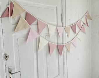 PINK bunting banner, Cotton flags for nursery, Garland wall decor, Flag bunting, Bunting banner, OFF WHITE bunting, Kid nursery, Wimpelkette