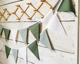 Banderines VERDES, banderines de algodón para guardería, guirnaldas para cenadores, banderines de tela, guirnaldas de banderines, cuerdas BLANCAS para dormitorios infantiles.