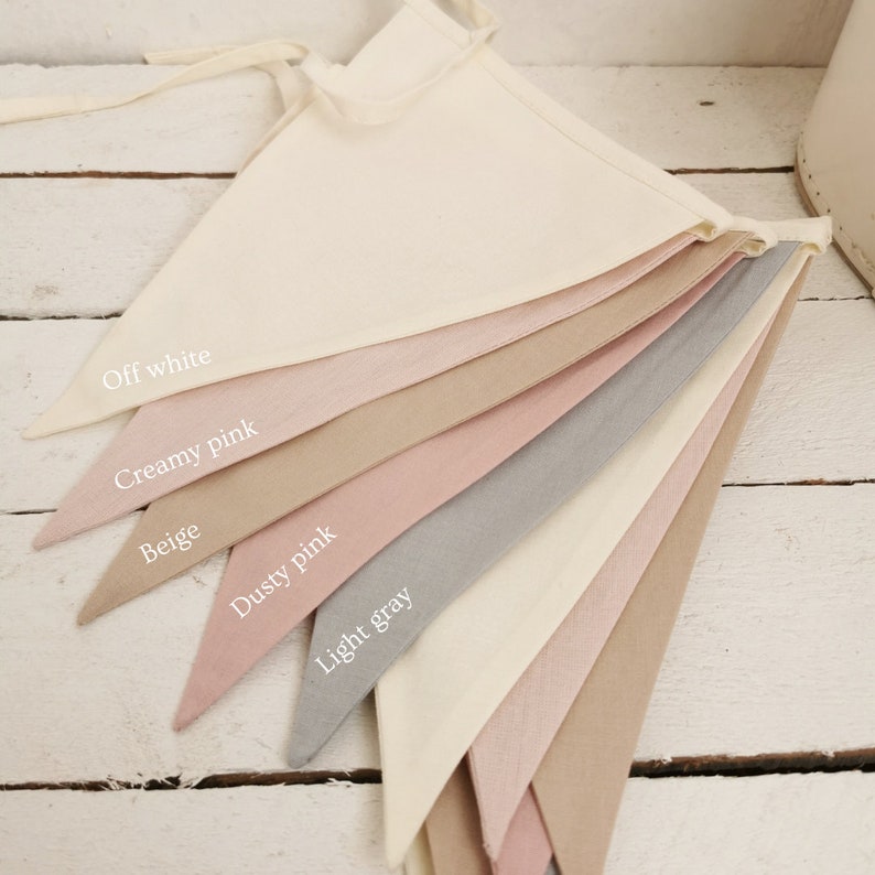 off white creamy pink beige dusty pink light gray bunting banner cotton fabric garland chain string triangles custom order mix and match personalized with text name word for girl nursery bed baby shower pastel color room home girlande 1st birthday