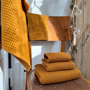 Mustard Waffle Kitchen Tea Towels, Waffle Weave Towel, Soft Towels For Gym, Bath Towels With Loop, Organic Cotton Hand Towels, Spa Towels
