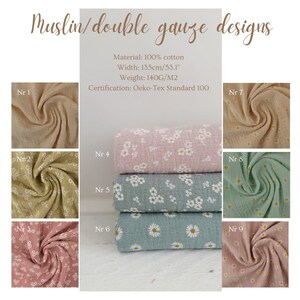 Double gauze muslin cotton fabric with design with flowers for baby toddlers dress table napkins rompers per meter cut 10 meters sewing eco friendly for summer breathable mix and match made to order pillow covers blankets weddings Christmas Easter table runners handmade products gift idea soft cotton breathable lightweight organic clothing gauze natural neutral colors with design print double layered baby wrap for photo shoot photoshoot textured for crafts bibs gauze sheets swaddles casual soft