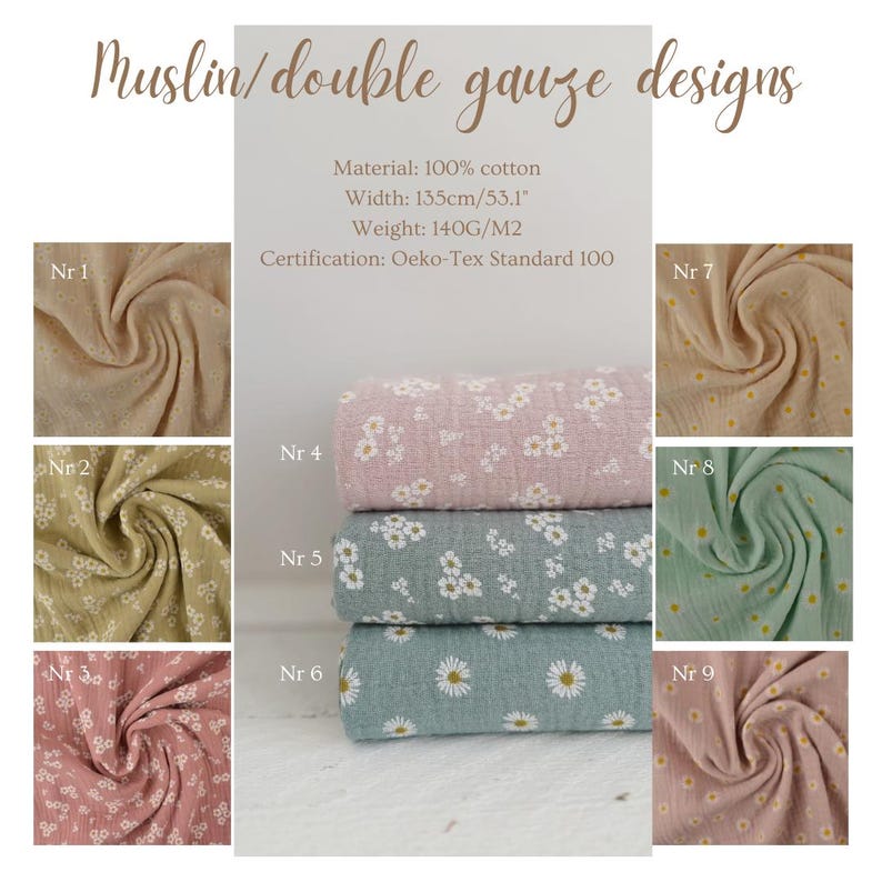 Double gauze muslin cotton fabric with design with flowers for baby toddlers dress table napkins rompers per meter cut 10 meters sewing eco friendly for summer breathable mix and match made to order pillow covers blankets weddings Christmas Easter table runners handmade products gift idea soft cotton breathable lightweight organic clothing gauze natural neutral colors with design print double layered baby wrap for photo shoot photoshoot textured for crafts bibs gauze sheets swaddles casual soft