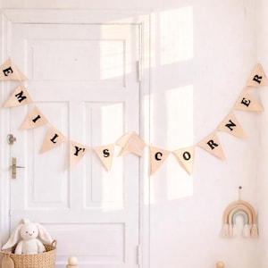 Custom Name Bunting Banner, Triangle Pennants With Text, Cotton Fabric Garland, Baby Birthday Party Decor, Fabric String with Black Letters