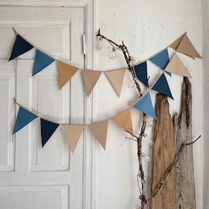 BLUE and BEIGE bunting banner, Cotton flags for nursery, Garland wall decor, Flag bunting, Fabric banner, Pennant chain for kids nursery