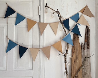 BLUE and BEIGE bunting banner, Cotton flags for nursery, Garland wall decor, Flag bunting, Fabric banner, Pennant chain for kids nursery