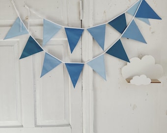 BLUE bunting banner, Cotton triangle bunting flags, Fabric pennant chain, Party decor string, Decoration for baby BOY shower, Custom garland