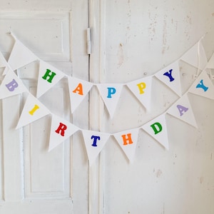 Happy Birthday bunting banner, Cotton triangles garland with colorful letters for boy and girl, Mix and match pennant chain, Party accessory