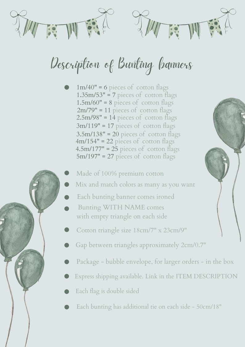 Description of bunting banners with name and without cotton triangles fabric delivery information express delivery baby shower pennant chain garland wimpelkette fur kinderzimmer wall decoration for girl and boy unisex string birthday party celebration gift idea premium cotton custom personalized double sided handmade product room nursery bed gazebo shop restaurant weddings garden eve Easter Christmas photo shoot photoshoot picnic traveling mix and match colors as many as you need neckless
