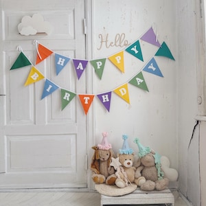 Happy Birthday bunting banner, Colorful cotton triangle garland with letters for boy and girl, Mix and match pennant chain, Party accessory