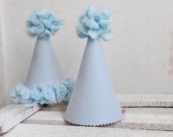 Baby blue 1st birthday party hat, Felt party hat accessory, Custom cone hat for boy, Mini party hat for kid, Cap with frills and pom pom