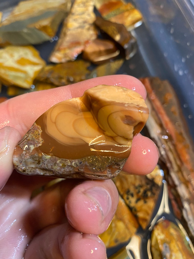 Puede incluir: Primer plano de una piedra de &aacute;gata marr&oacute;n y tostada con un patr&oacute;n de remolino. La piedra est&aacute; mojada y tiene un acabado brillante.