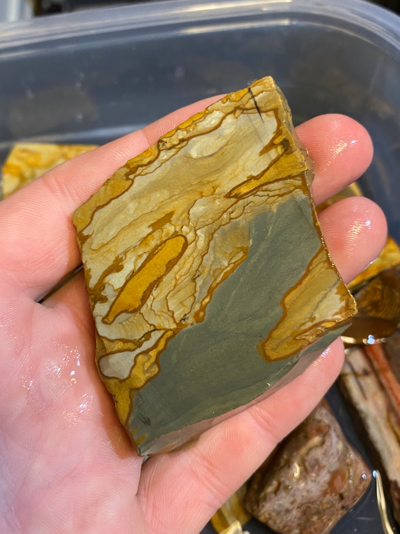 Puede incluir: Primer plano de una pieza de piedra pulida con un patr&oacute;n de remolino de marr&oacute;n, amarillo y gris. La piedra est&aacute; siendo sostenida en una mano.