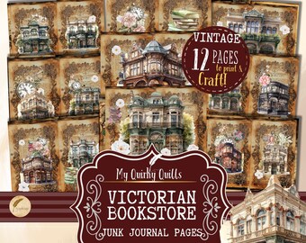 Victorian Bookstore Junk Journal Pages, Printable Scrapbooking Pages, Collage Pages, Scrappy Paper, Scrapbooking Supplies Digital Download