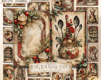 Christmas Bakery Junk Journal Pages | Holiday Scrapbooking Paper Bundle | Whimsical Collage Papers Printable Pies, Gingerbread Man, Cupcakes