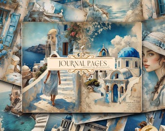 Santorini Junk Journal Pages | Greek Island Printable Ephemera | Blue White Scrapbook Paper | Mediterranean Coastal Travel Journal Kit