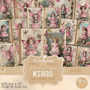 Pink Magic Fairy Wings Digital Junk Journal Pages, Fantasy Scrapbooking Storybook Collage Printable Paper, Craft Supplies, Digital Download