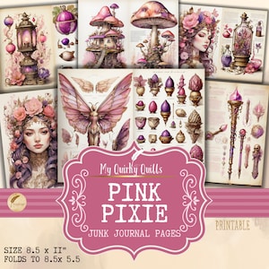 Diario de hadas Pixie rosa, papel decorativo para manualidades, álbumes de recortes, efímeras, cortes delicados y hojas de collage, ilustraciones digitales para artesanos