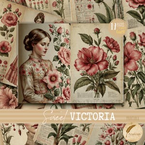 Rosa Floral Viktorian Junk Journal Seite Hintergründe | Scrapbooking Collage Sheet | Shabby Chic Mischtechnik Kraftpapier | Sofort Download