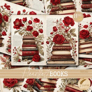 Druckbares Botanisches Junk Journal Kit | Vintage Buchseiten mit Blumenmuster für Scrapbooking, Journals & Collage Art | Romantisches tiefrotes Design