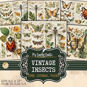 Vintage Nature Insects Junk Journal Decorative Craft Paper Scrapbooking Ephemera Collage Sheets Illustrazioni digitali Farfalla, Libellula