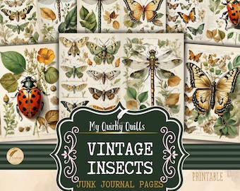 Vintage Nature Insects Junk Journal Decorative Craft Paper Scrapbooking Ephemera Collage Sheets Digital Illustrations Butterfly, Dragonfly