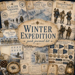 May include: A Winter Expedition junk journal kit featuring vintage-style paper sheets with illustrations of a polar bear, sled dogs, mountain maps, expedition people, signal flags, and a compass. The central label reads Winter Expedition junk journal kit.
