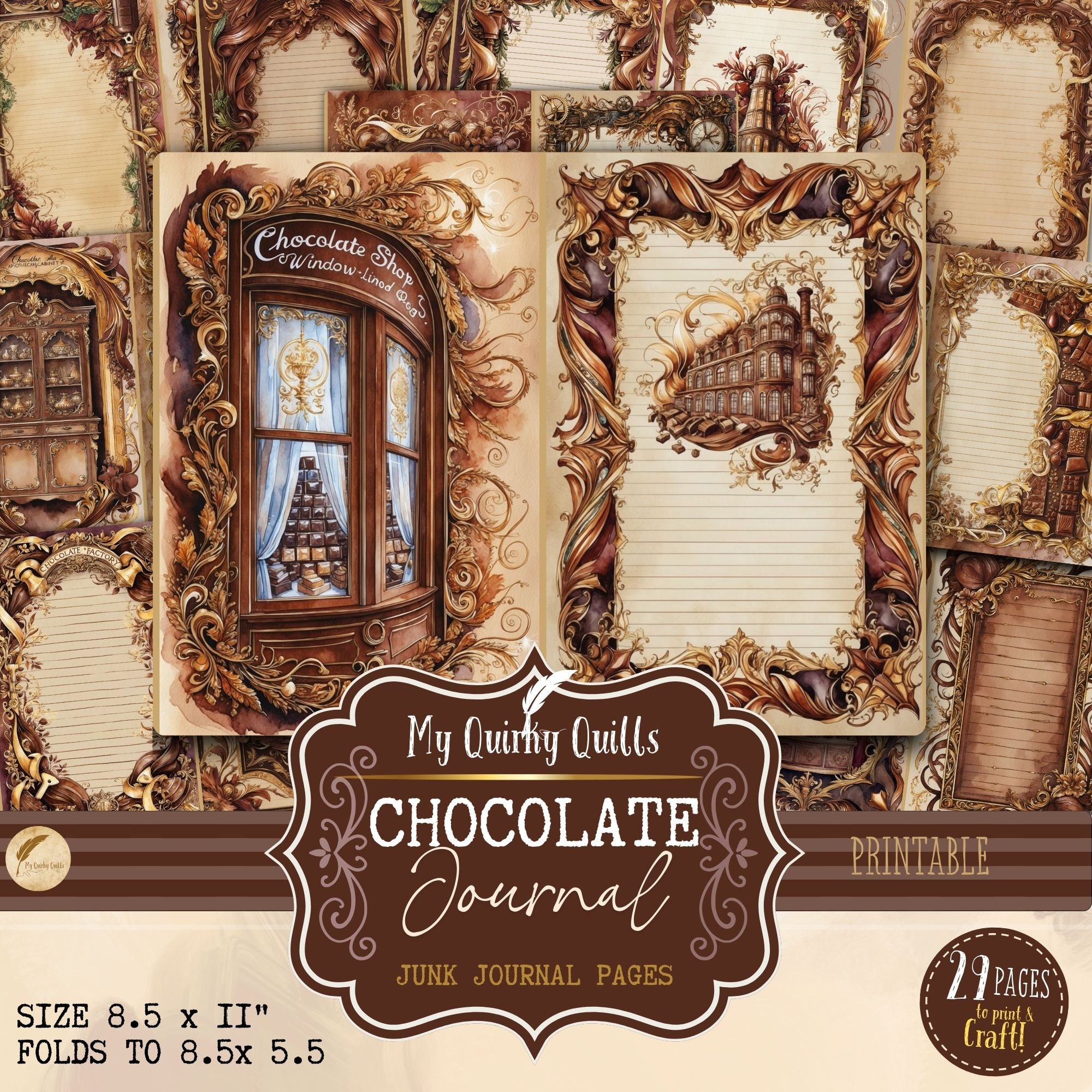 Chocolate Themed Border Writing Paper, Junk Journal Stationery, Decorative Scrapbook Pages, Printable Craft Paper, Digital Download Kit