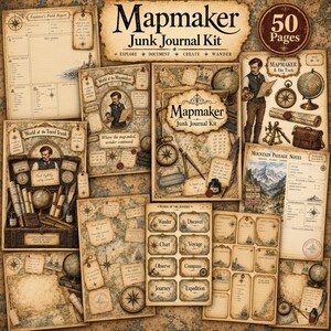 May include: A Mapmaker Junk Journal Kit featuring 50 pages of vintage-style paper with illustrations of explorers, globes, compasses, and maps. The collection includes various templates, labels, and notes with text like Mapmaker Junk Journal Kit, World of the Travel Trunk, and Mountain Passage Notes.