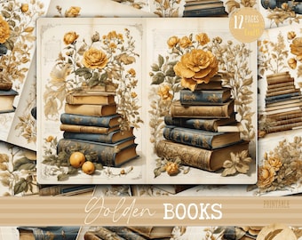 Gold Yellow themed Vintage Floral Printable Pages | Junk Journal Kit of Botanical Book Pages for Scrapbooking and Creative Journals