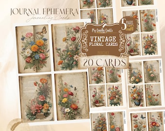 Diario imprimible con motivos florales vintage / Tarjetas botánicas efímeras / Hoja de collage shabby chic / Kit de ATC y álbum de recortes / Etiquetas de regalo estilo cottagecore
