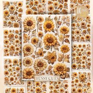 Könnte beinhalten: Eine Sammlung von Papierauschnitten zum Thema Sonnenblumen. Das Bild zeigt Sonnenblumen in verschiedenen Größen in Gelb-, Braun- und Beigetönen. Der Text "FUSSY CUTS" ist unten zu sehen, und "10 pages to print & craft!" befindet sich oben rechts.