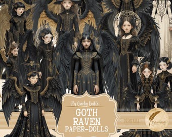 Gothic Raven Paper Doll Fussy Cuts, Digital Ephemera, Whimsical Printable, Junk Journal Images, Scrapbook Printable Kit, Collage Sheet