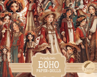 Boho Paper Doll Art Fussy Cuts, Digital Ephemera, Whimsical Printable, Junk Journal Images, Scrapbook Printable Crafting Kit, Collage Sheet