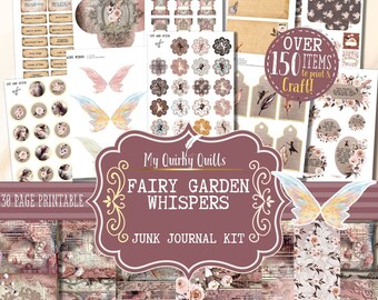 May include: A printable junk journal kit with a fairy garden theme. The kit includes over 150 items to print and craft, including tags, labels, embellishments, and papers. The kit features a pink and brown color scheme with floral and fairy designs.