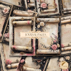 Puede incluir: Una colección de páginas de diario de estilo vintage con diseños florales y de pergaminos. Las páginas presentan un fondo crema con rosas rosas, bordes decorativos y texto manuscrito. El texto "JOURNAL PAGES" se muestra en una pancarta.