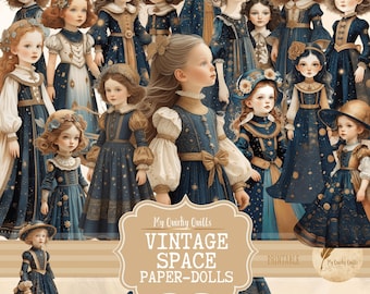 Vintage Space Paper Doll Fussy Cuts, Digital Ephemera, Whimsical Printable, Junk Journal Images, Scrapbook Printable Kit, Collage Sheet