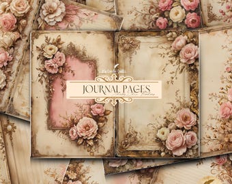 Shabby Chic Borders Junk Journal Pages | Scrapbook Backgrounds Half Pages | Pink and Beige Floral Paper | Writing Journaling Paper