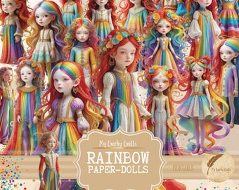 Rainbow Art Paper Doll Kieskeurige Cuts, Digitale Kortstondige, Grillige Afdrukbare Kunstpoppen, Junk Journal Images, Collagekunst, Scrapbook Craft Kit