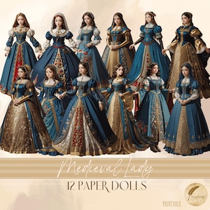 Könnte beinhalten: Zwölf Papierpuppen mit mittelalterlichen Damen in aufwendigen Kleidern. Die Kleider sind in Blau-, Gold- und Brauntönen gehalten und mit floralen Stickereien versehen. Der Text "Medieval Lady" und "12 PAPER DOLLS" ist auf dem Bild zu sehen.