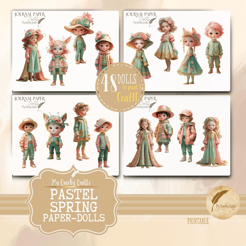 Spring Paper Dolls Pastel Spring Paper Doll Fussy Cuts, Digital Ephemera, Whimsical ...