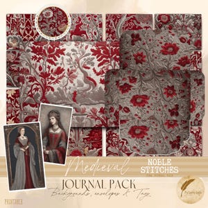 Kit stampabile per album di ritagli medievali color bordeaux e grigio / Materiale effimero, etichette, buste e carta / Pagine di diario di scarto ispirate al ricamo / Regali artigianali