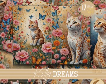 Printable Kitty Floral Butterfly Dreams Junk Journal Pages | Vintage Whimsical Ephemera | Animal Cat Collage Sheets for Scrapbooking Crafts